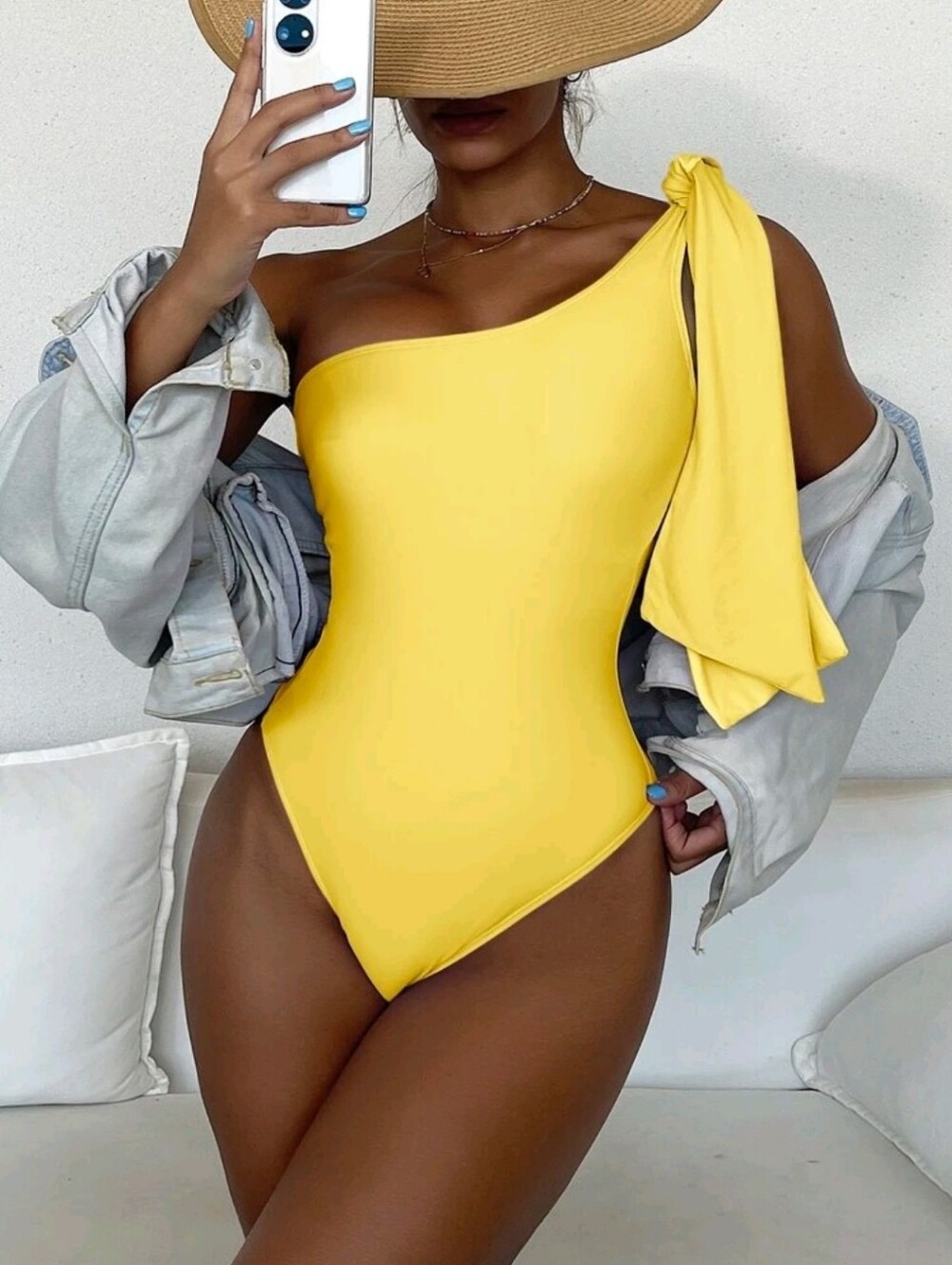 One-Shoulder Yellow Tie-Sleeve Swimsuit.